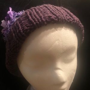 New ! Hand knit hat  with fabric flower.